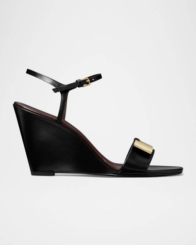 Gigi Leather Bar Wedge Sandals